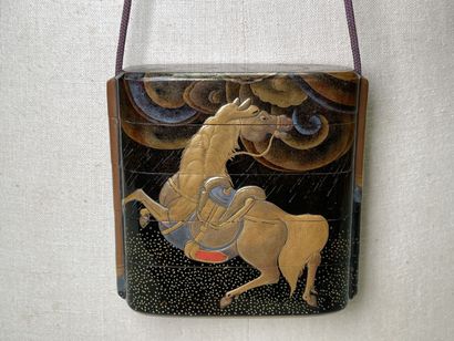 Lacquered wood inro with four squares decorated...