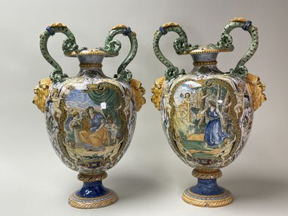 Pair of large earthenware vases with snake...