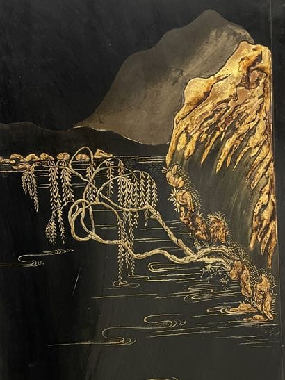 Four leaves screen, black lacquer, gilded...