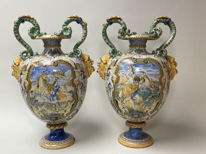 Pair of large earthenware vases with snake...
