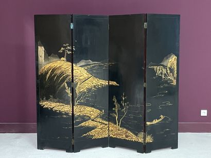 Four leaves screen, black lacquer, gilded...