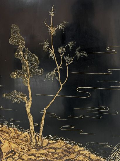 Four leaves screen, black lacquer, gilded...