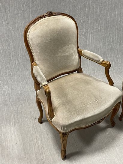 Pair of armchairs in carved natural wood,...