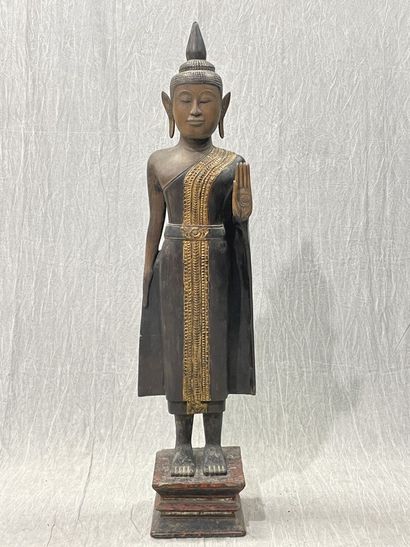 Ancient standing Buddha resting on a plinth,...