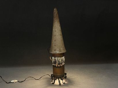 ACCOLAY. 
Stoneware and patinated metal lamp....
