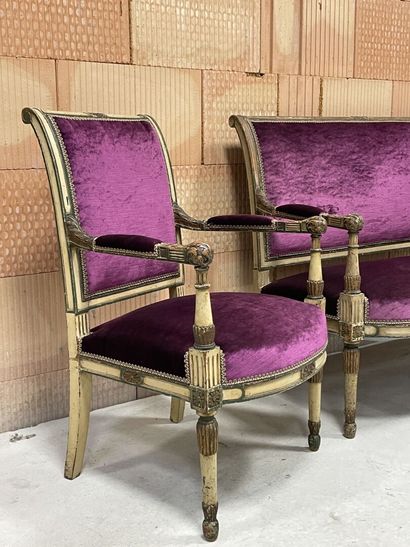 Carved and patinated wood salon, including...