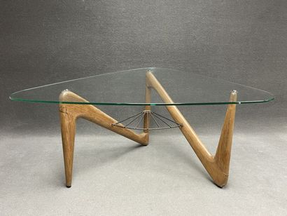 Triangular coffee table, tripod base in light...