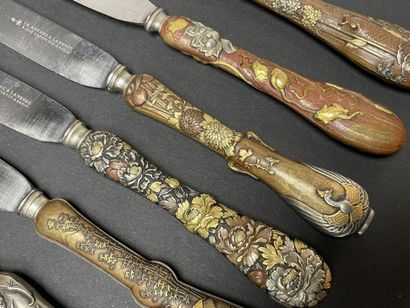 Silver flatware set, sentoku patinated bronze...