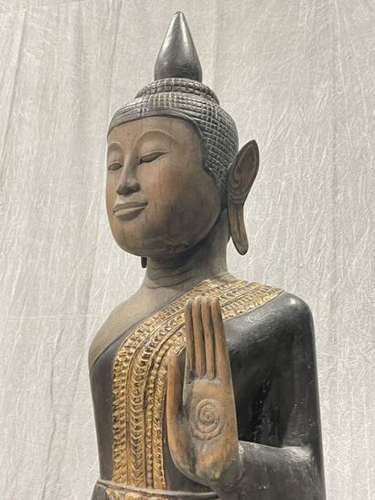 Ancient standing Buddha resting on a plinth,...