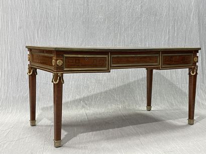Mahogany veneered desk with Greek frieze...