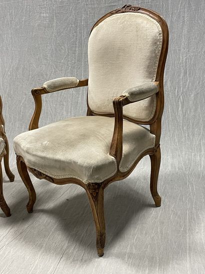 Pair of armchairs in carved natural wood,...