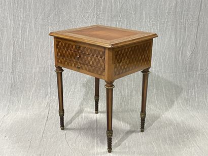 Small chiffonier, marquetry of cubes, leather-covered...