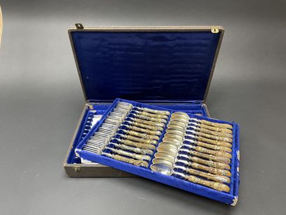 Silver flatware set, sentoku patinated bronze...