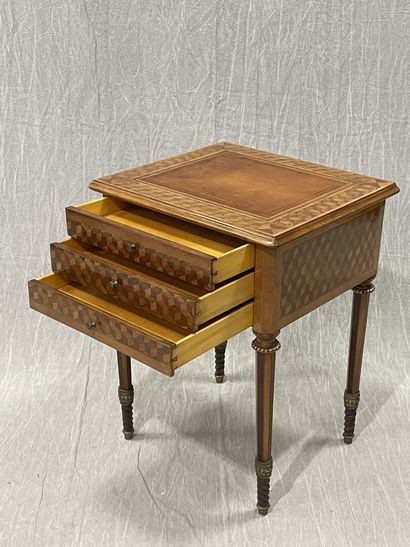Small chiffonier, marquetry of cubes, leather-covered...