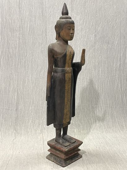 Ancient standing Buddha resting on a plinth,...