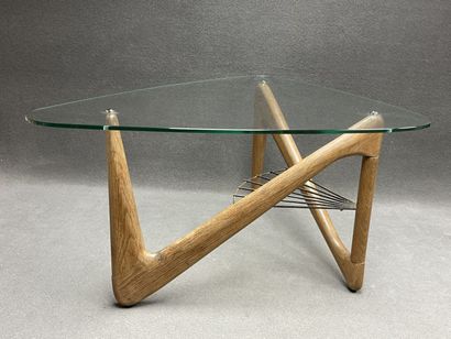 Triangular coffee table, tripod base in light...