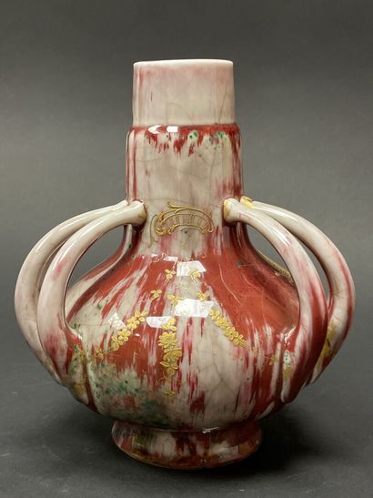 Six-handled porcelain vase, oxblood enamel,...