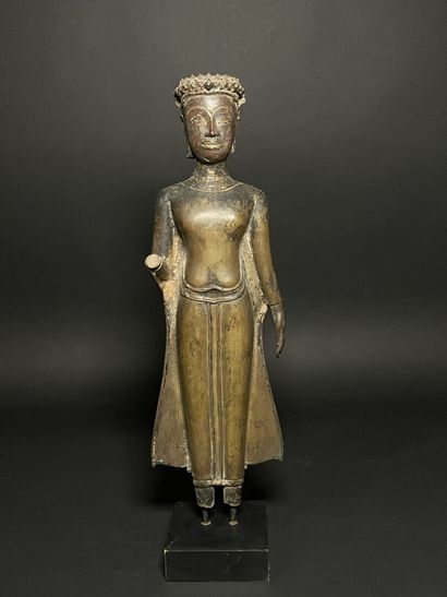 Standing Buddha in long monastic cloak
Face...