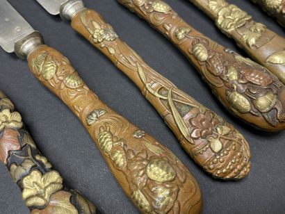 Silver flatware set, sentoku patinated bronze...