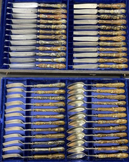 Silver flatware set, sentoku patinated bronze...