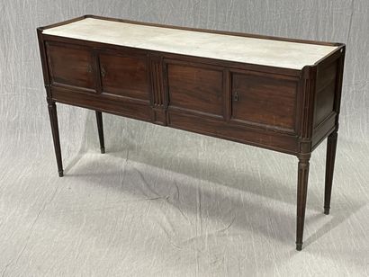 Mahogany console with two doors, white marble...