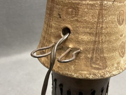 ACCOLAY. 
Stoneware and patinated metal lamp....