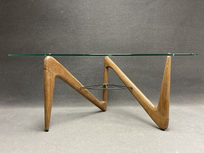 Triangular coffee table, tripod base in light...