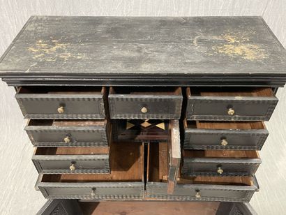 Cabinet in blackened wood opening to 9 drawers...
