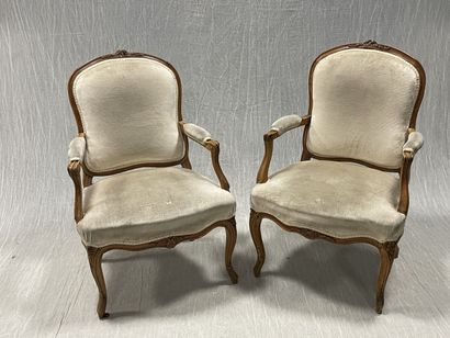Pair of armchairs in carved natural wood,...