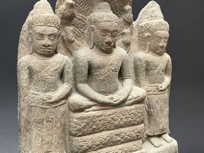 Buddhist triad depicting Mucalinda Buddha...