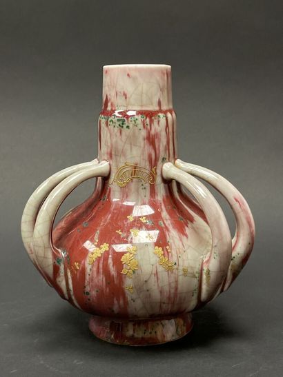 Six-handled porcelain vase, oxblood enamel,...