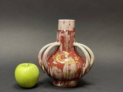 Six-handled porcelain vase, oxblood enamel,...