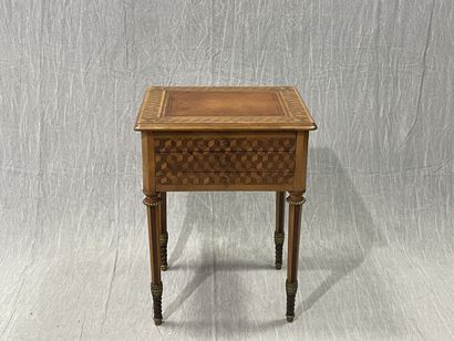 Small chiffonier, marquetry of cubes, leather-covered...