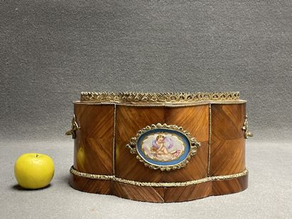 Wood veneer planter with bronze ornamentation....
