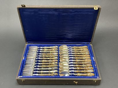 Silver flatware set, sentoku patinated bronze...
