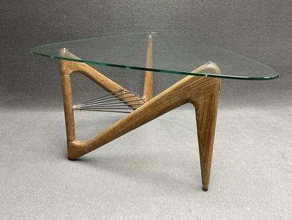 Triangular coffee table, tripod base in light...