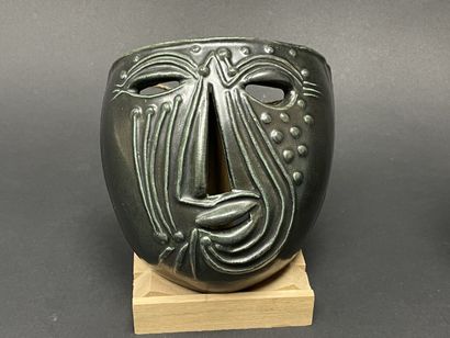ACCOLAY - Black enameled ceramic mask signed,...