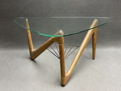 Triangular coffee table, tripod base in light...