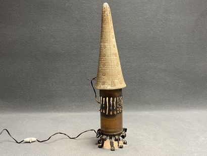 ACCOLAY. 
Stoneware and patinated metal lamp....