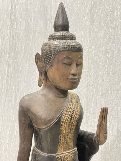 Ancient standing Buddha resting on a plinth,...