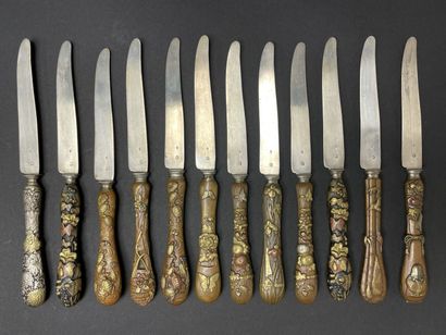 Silver flatware set, sentoku patinated bronze...