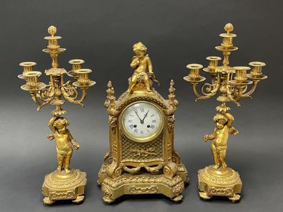 *Bronze mantelpiece with clock and pair of...