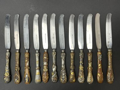 Silver flatware set, sentoku patinated bronze...