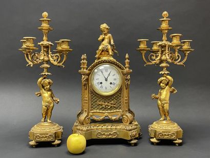 *Bronze mantelpiece with clock and pair of...