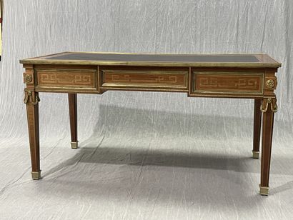Mahogany veneered desk with Greek frieze...