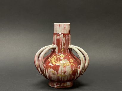 Six-handled porcelain vase, oxblood enamel,...