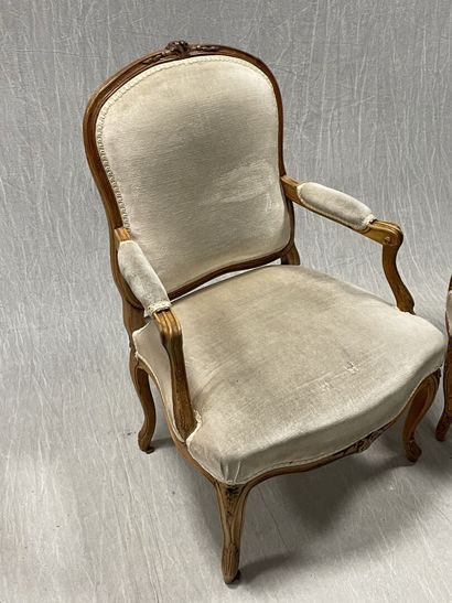Pair of armchairs in carved natural wood,...