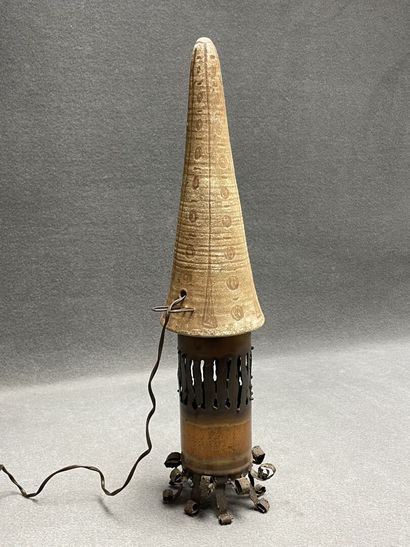 ACCOLAY. 
Stoneware and patinated metal lamp....