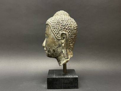 Tête de Bouddha au doux sourire, yeux mi-clos....