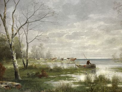 CARLO ( XIX°)
Grand paysage: vaches s'abreuvant...